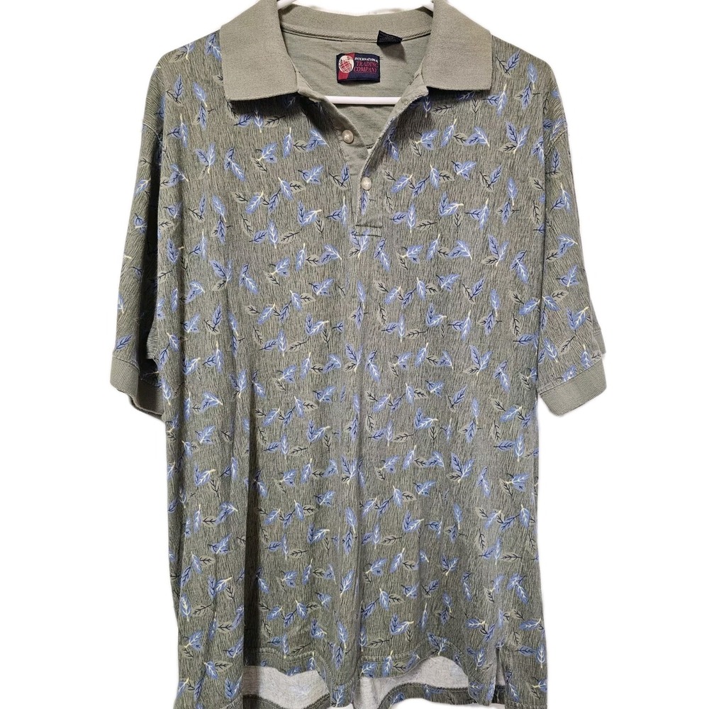 Intl Trading Company Mens Polo Shirt Size Large Leaf Design Green 100% Cotton